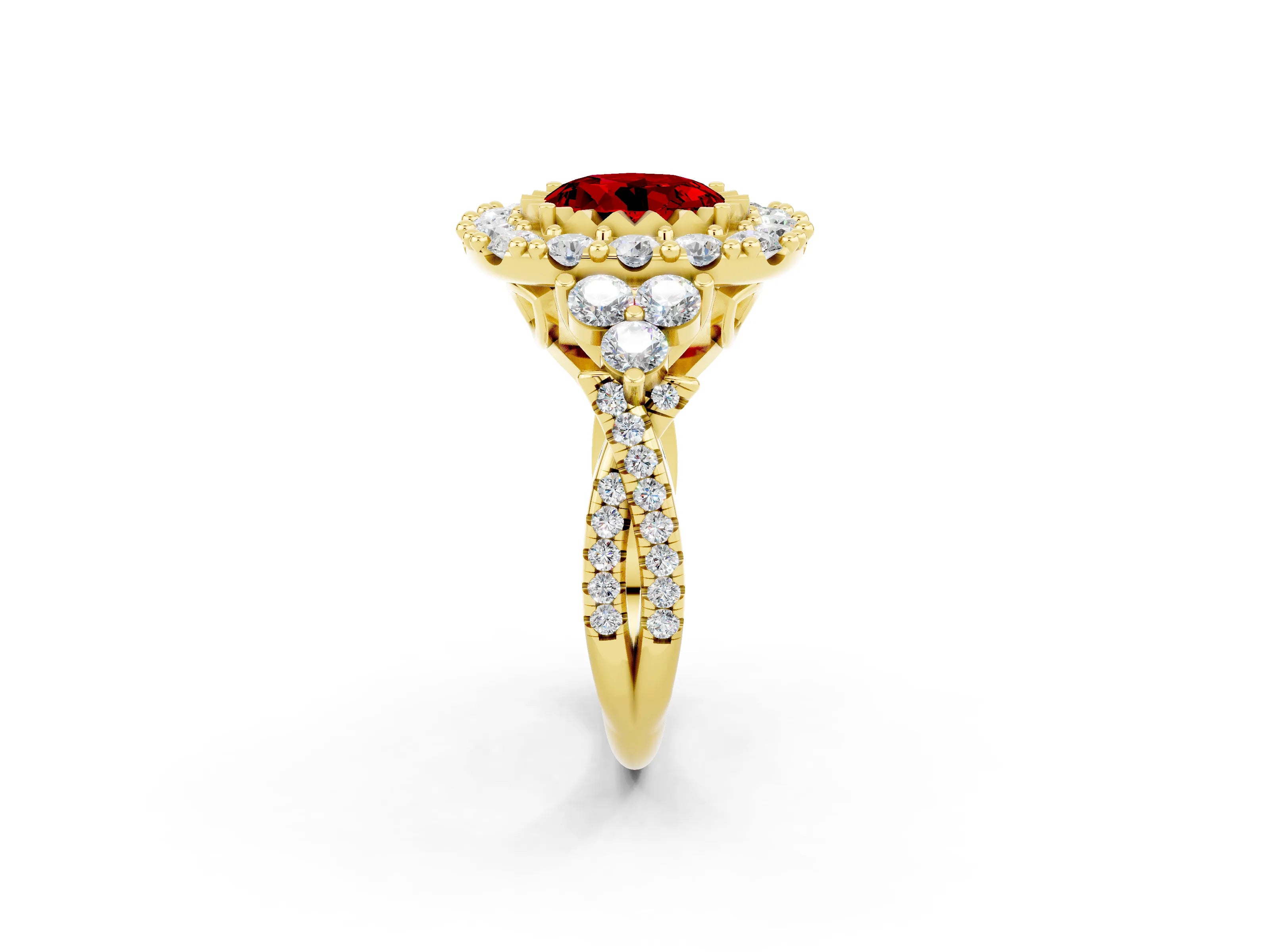 Yellow gold Round Cut Ruby Halo Ring with Pavé Band and Four-Prong Setting_14