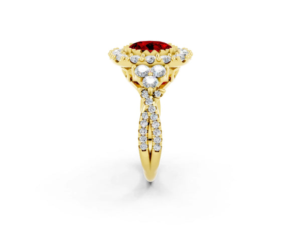 Yellow gold Round Cut Ruby Halo Ring with Pavé Band and Four-Prong Setting