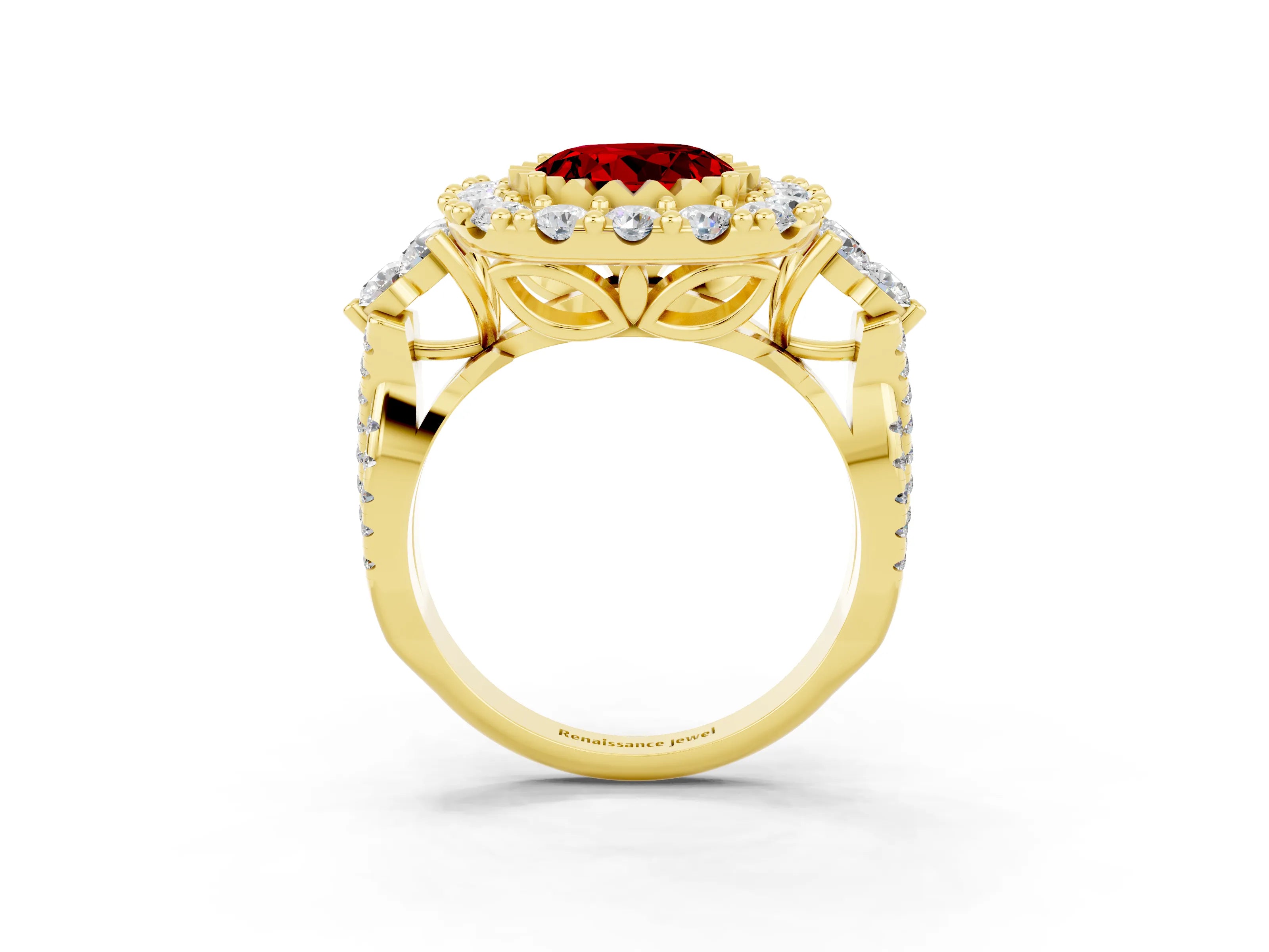 Yellow gold Round Cut Ruby Halo Ring with Pavé Band and Four-Prong Setting_15