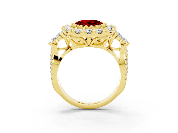 Yellow gold Round Cut Ruby Halo Ring with Pavé Band and Four-Prong Setting