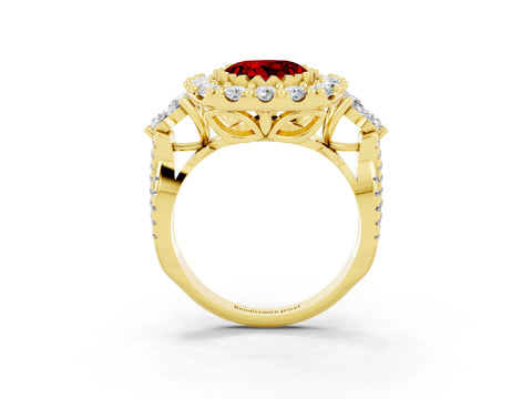 Yellow gold Round Cut Ruby Halo Ring with Pavé Band and Four-Prong Setting_15