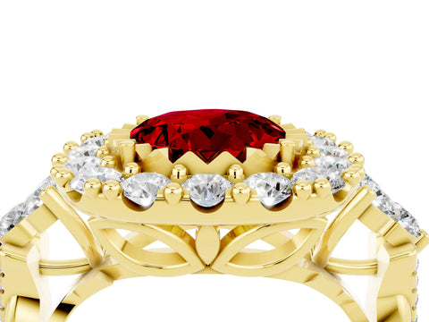 Yellow gold Round Cut Ruby Halo Ring with Pavé Band and Four-Prong Setting_16