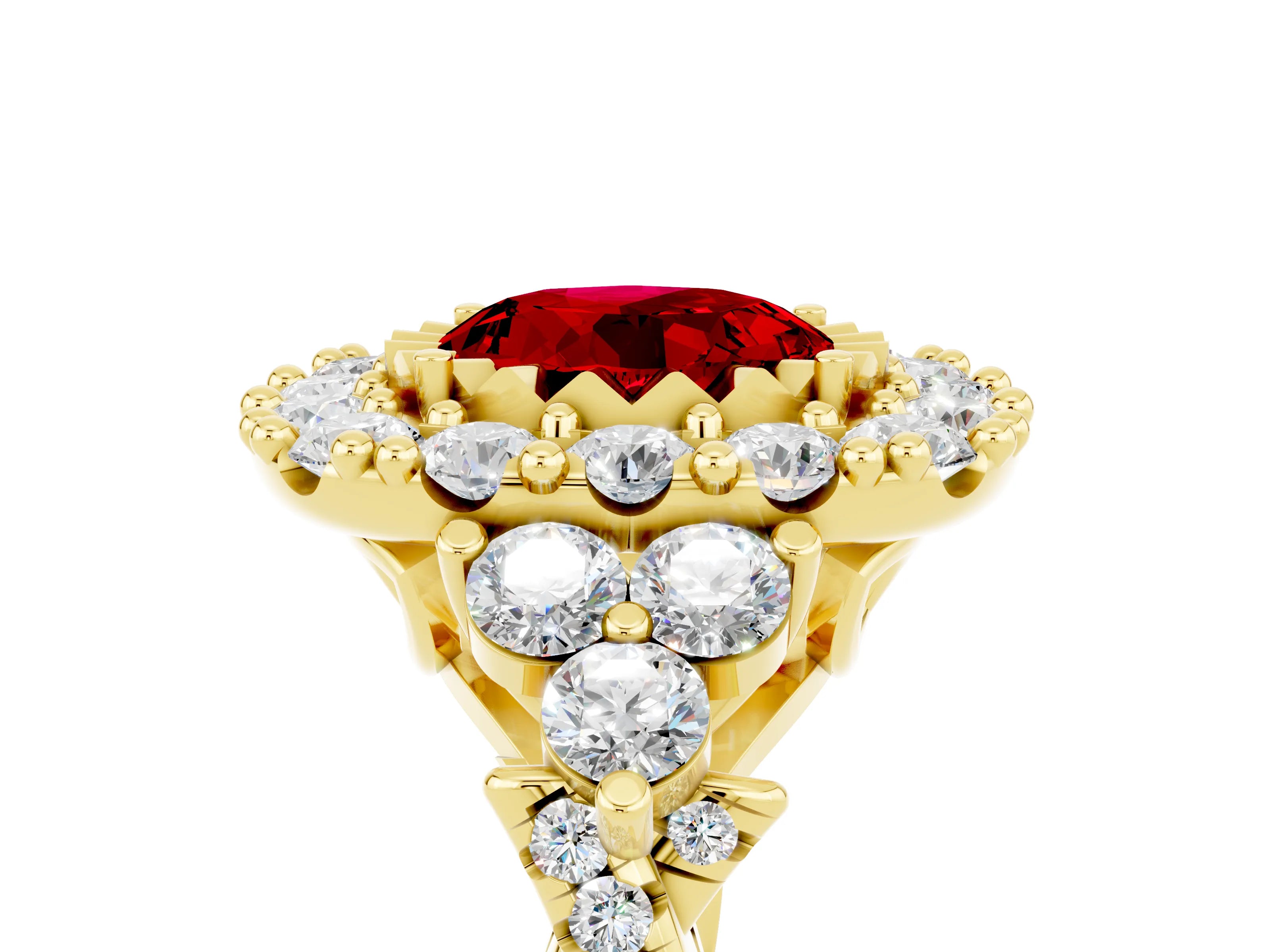 Yellow gold Round Cut Ruby Halo Ring with Pavé Band and Four-Prong Setting_17