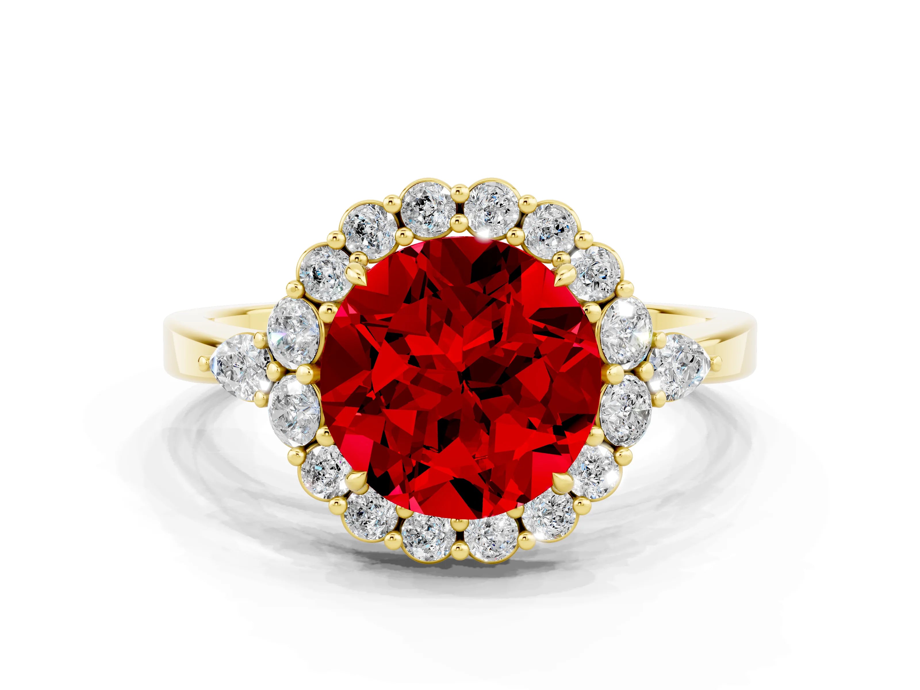 Yellow gold Round Cut Ruby Halo Ring with Pear Side Stones and Prong Setting_12