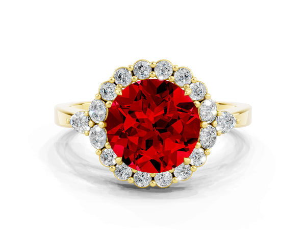 Yellow gold Round Cut Ruby Halo Ring with Pear Side Stones and Prong Setting