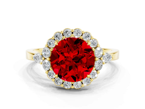 Yellow gold Round Cut Ruby Halo Ring with Pear Side Stones and Prong Setting_12