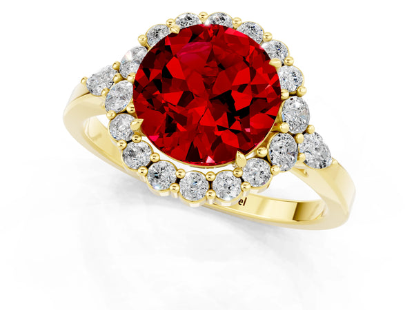 Yellow gold Round Cut Ruby Halo Ring with Pear Side Stones and Prong Setting