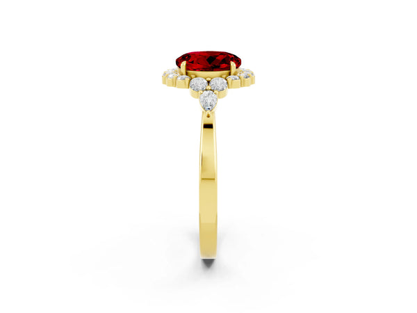 Yellow gold Round Cut Ruby Halo Ring with Pear Side Stones and Prong Setting