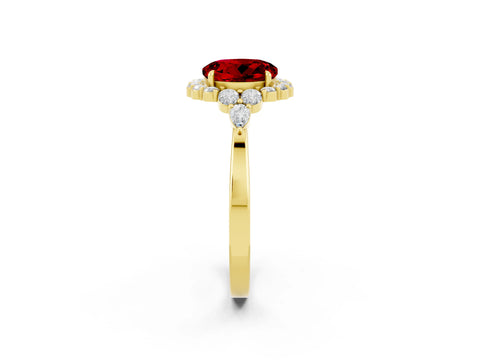 Yellow gold Round Cut Ruby Halo Ring with Pear Side Stones and Prong Setting_14