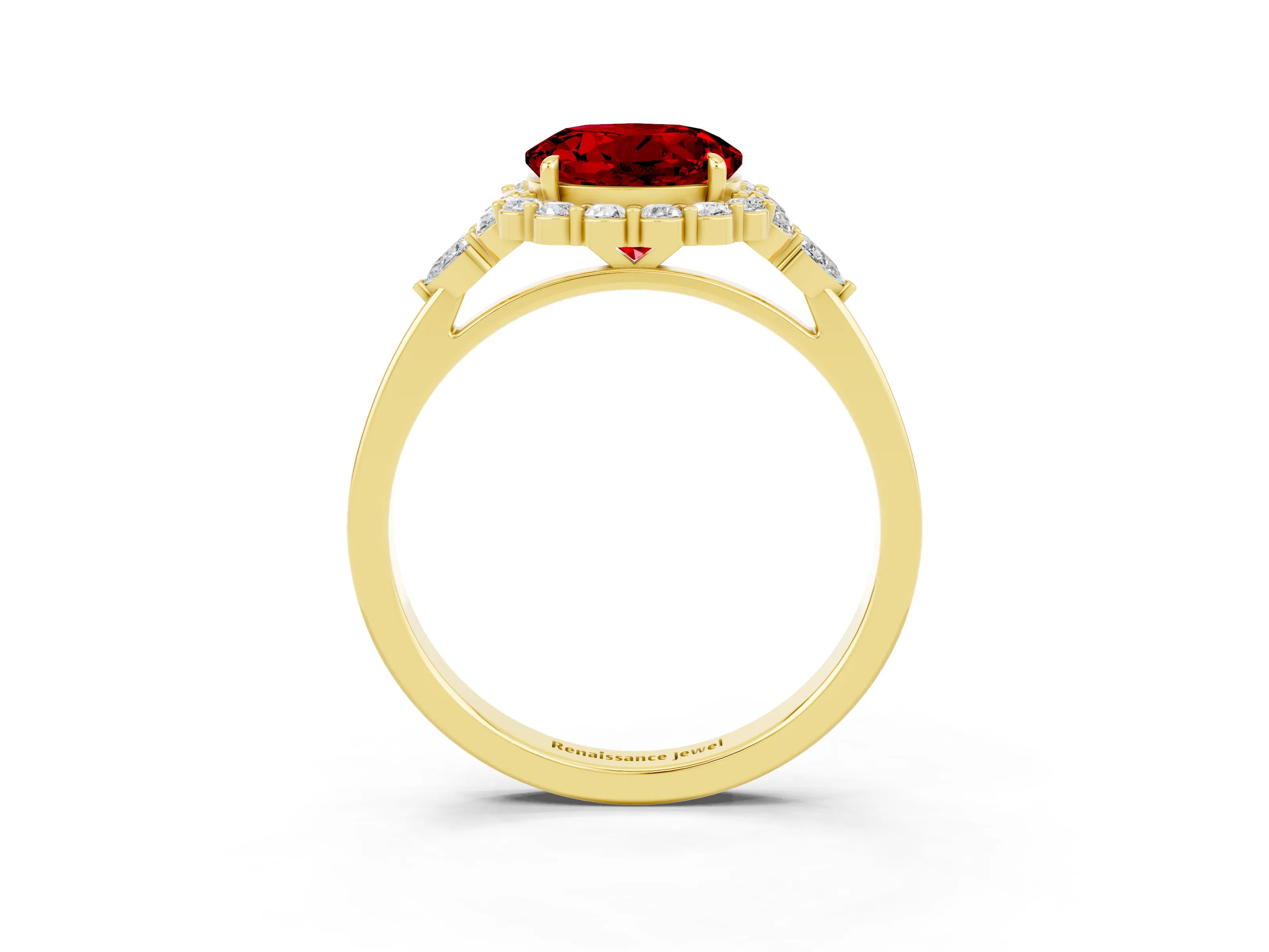 Yellow gold Round Cut Ruby Halo Ring with Pear Side Stones and Prong Setting_15