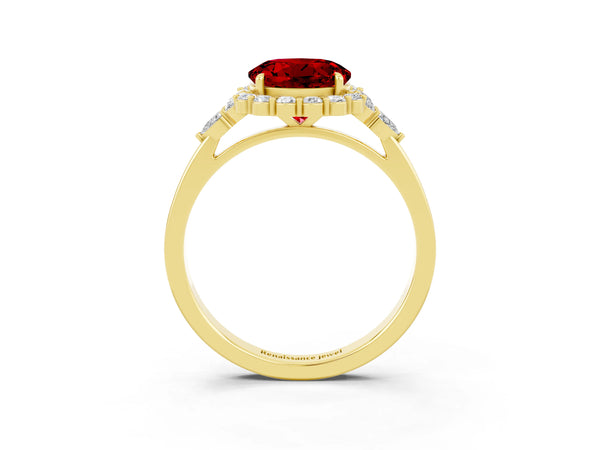 Yellow gold Round Cut Ruby Halo Ring with Pear Side Stones and Prong Setting