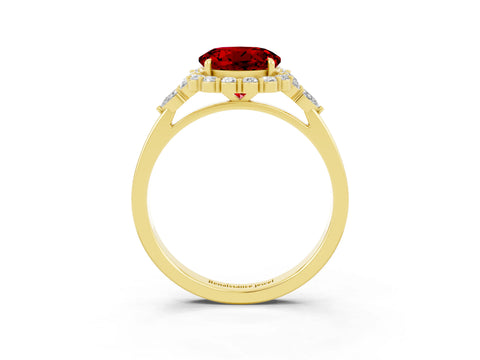 Yellow gold Round Cut Ruby Halo Ring with Pear Side Stones and Prong Setting_15