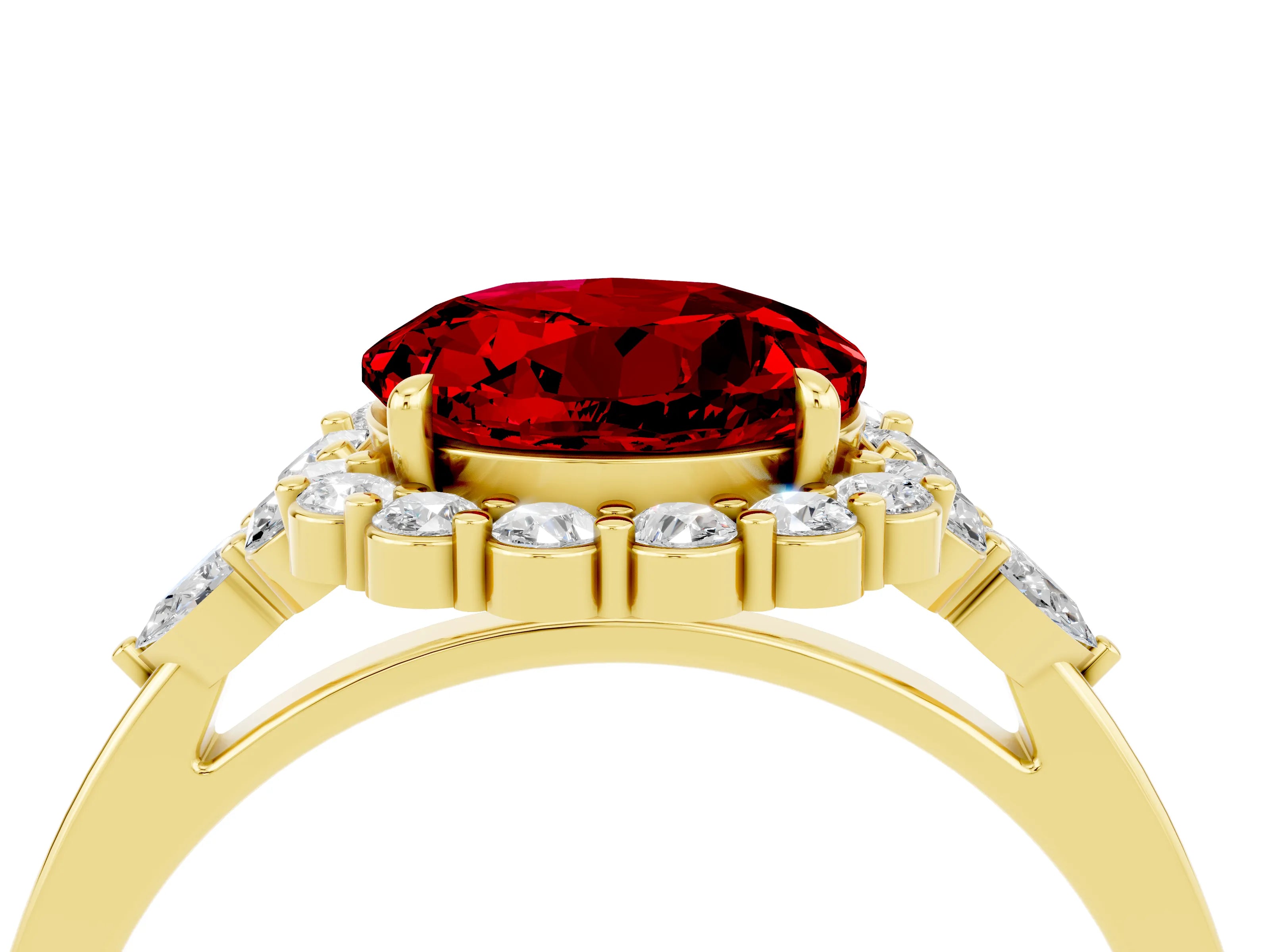 Yellow gold Round Cut Ruby Halo Ring with Pear Side Stones and Prong Setting_16