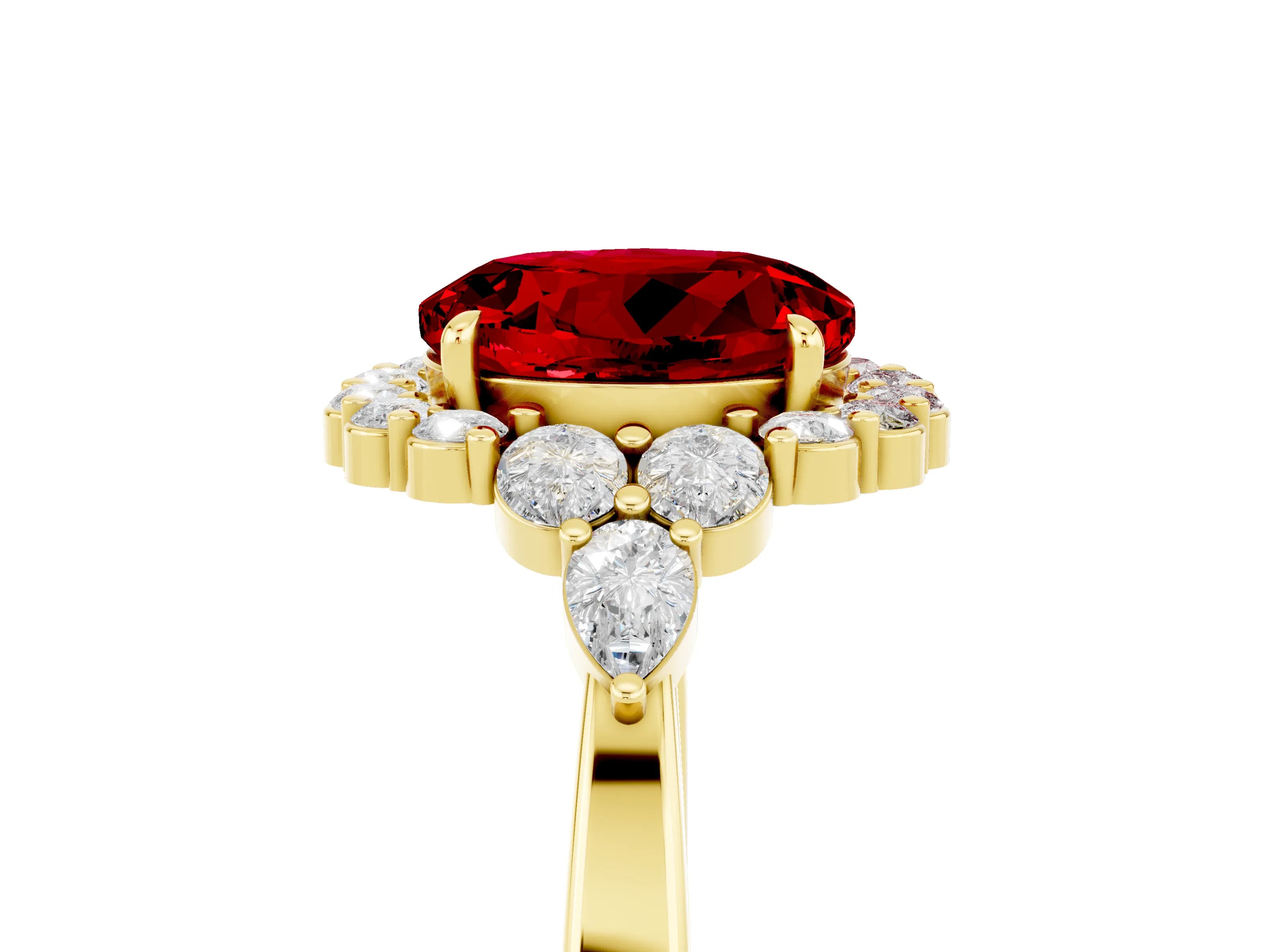 Yellow gold Round Cut Ruby Halo Ring with Pear Side Stones and Prong Setting_17