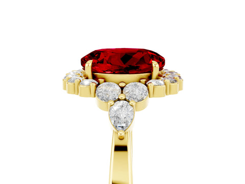 Yellow gold Round Cut Ruby Halo Ring with Pear Side Stones and Prong Setting_17