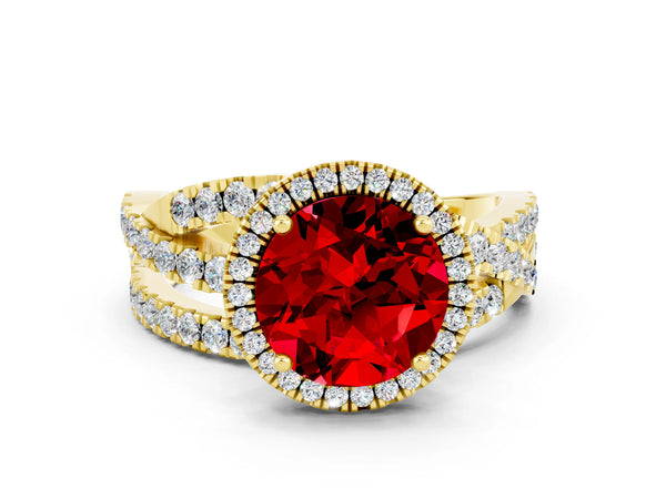 Yellow gold Round Cut Ruby Halo Ring with Round Split Shank and Prong Setting