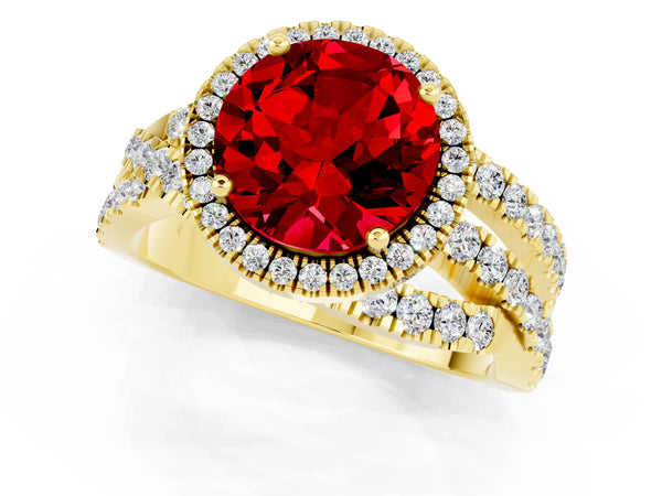 Yellow gold Round Cut Ruby Halo Ring with Round Split Shank and Prong Setting