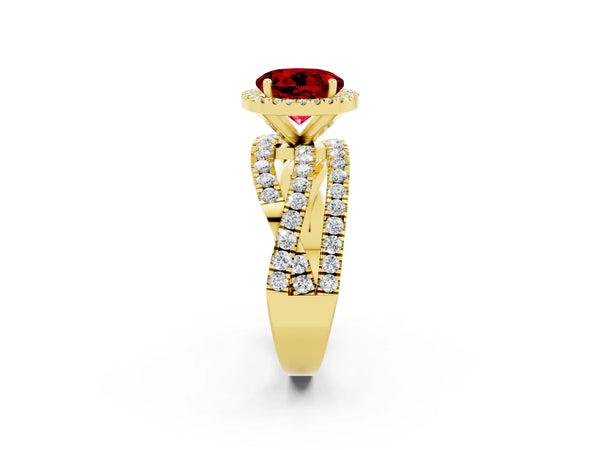 Yellow gold Round Cut Ruby Halo Ring with Round Split Shank and Prong Setting