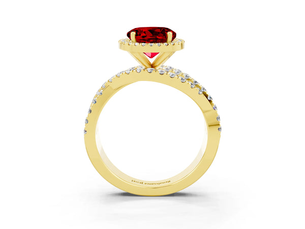 Yellow gold Round Cut Ruby Halo Ring with Round Split Shank and Prong Setting