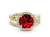 Yellow gold Round Cut Ruby Halo Ring with Round Split Shank and Prong Setting_48