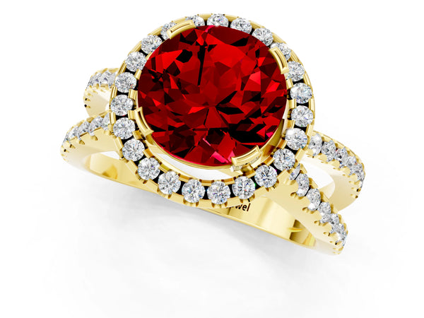 Yellow gold Round Cut Ruby Halo Ring with Split Shank Pavé Band and Prong Setting
