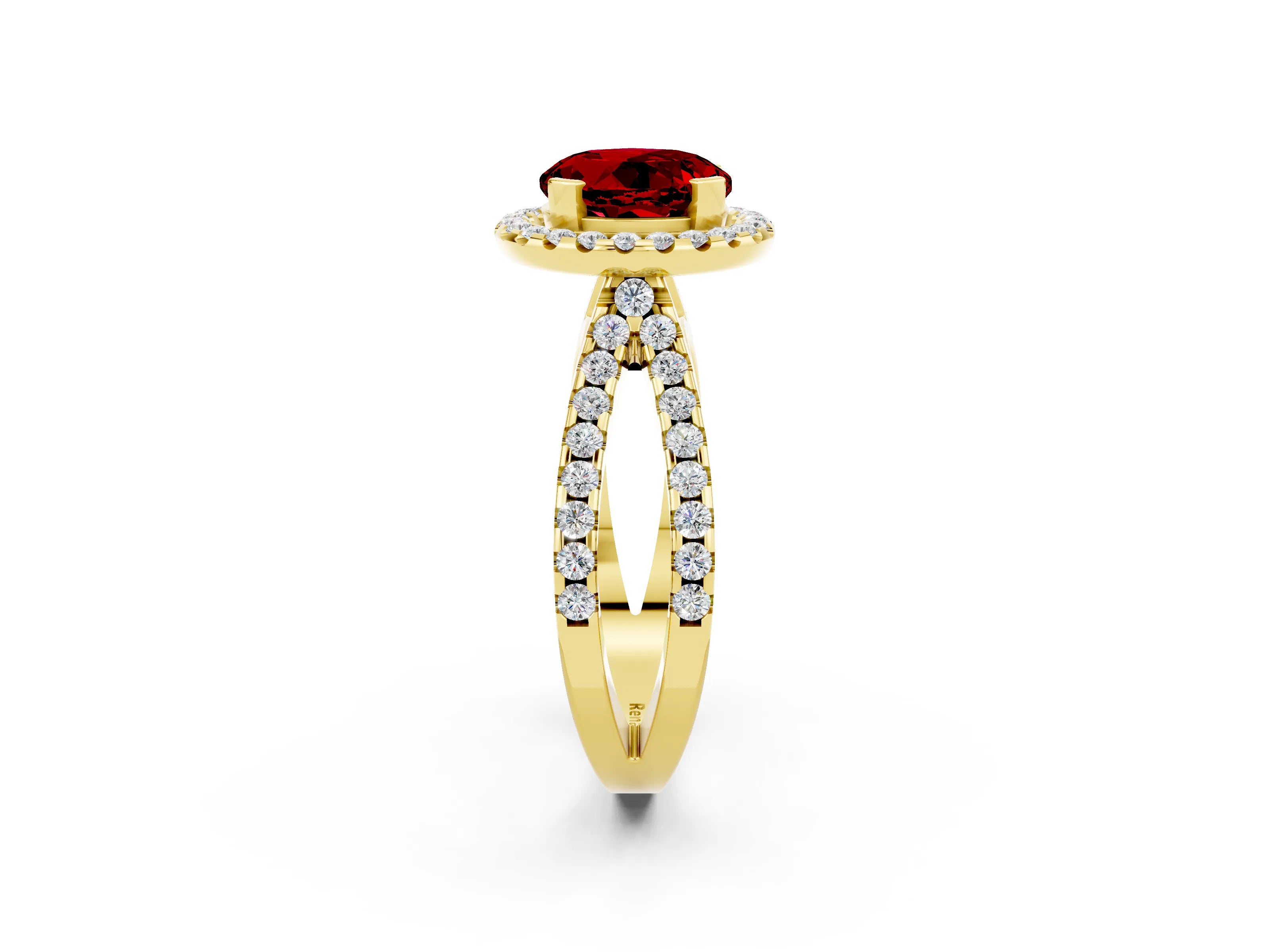 Yellow gold Round Cut Ruby Halo Ring with Split Shank Pavé Band and Prong Setting_2