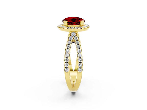 Yellow gold Round Cut Ruby Halo Ring with Split Shank Pavé Band and Prong Setting