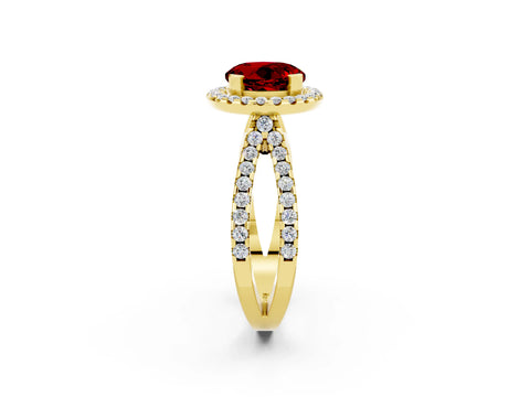 Yellow gold Round Cut Ruby Halo Ring with Split Shank Pavé Band and Prong Setting_2