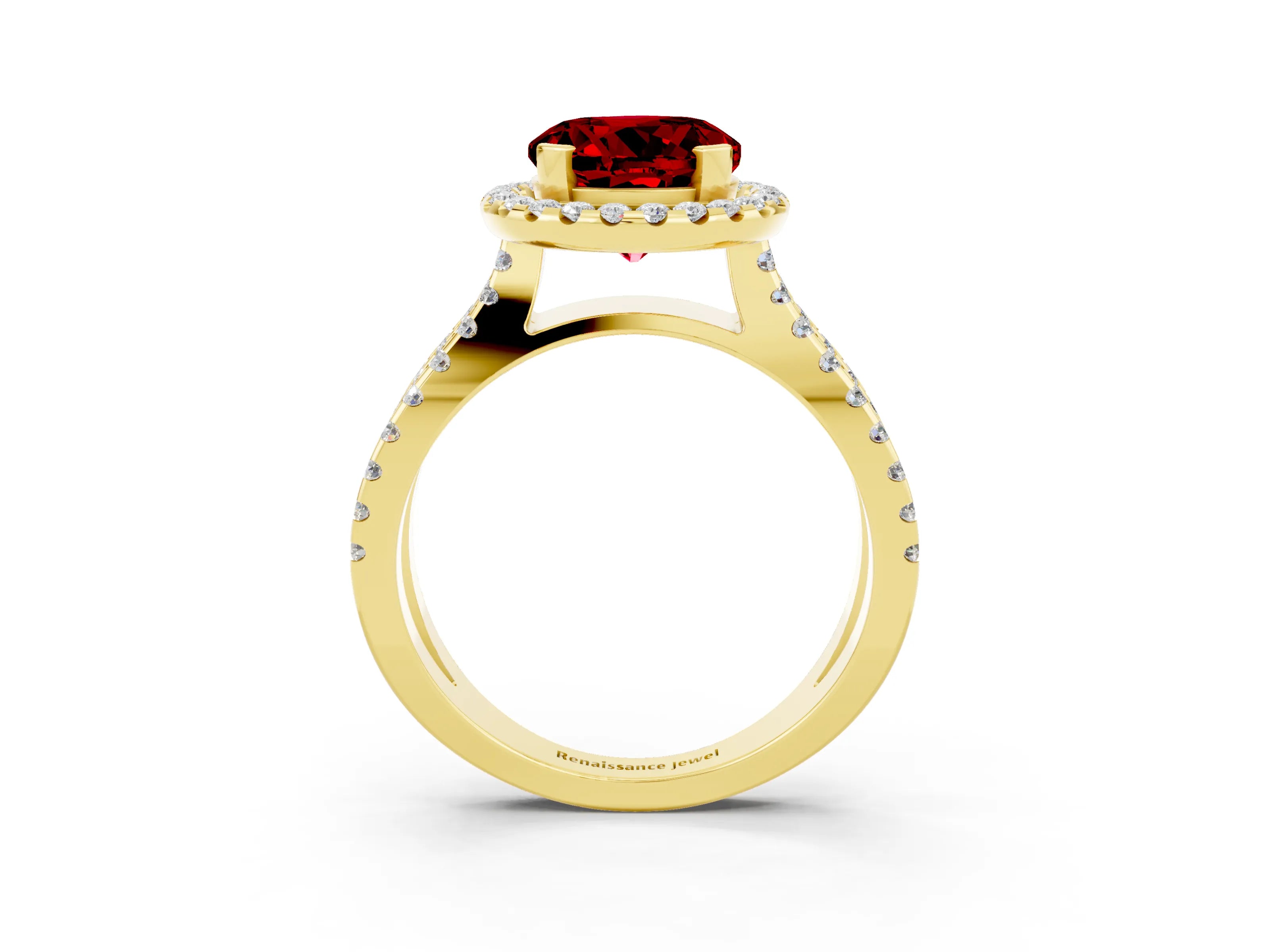 Yellow gold Round Cut Ruby Halo Ring with Split Shank Pavé Band and Prong Setting_3