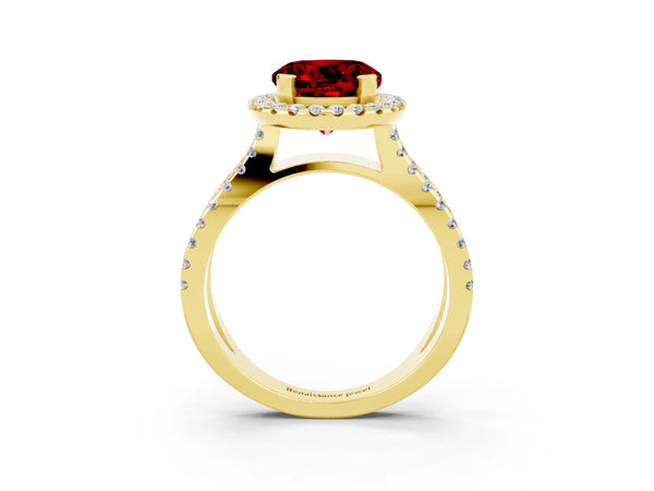Yellow gold Round Cut Ruby Halo Ring with Split Shank Pavé Band and Prong Setting