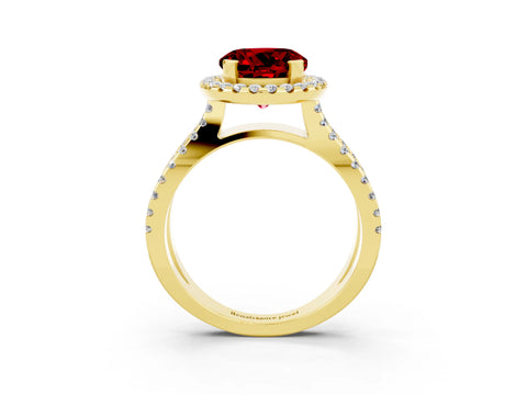 Yellow gold Round Cut Ruby Halo Ring with Split Shank Pavé Band and Prong Setting_3