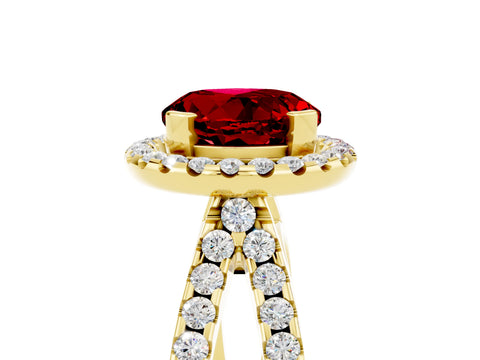 Yellow gold Round Cut Ruby Halo Ring with Split Shank Pavé Band and Prong Setting_5