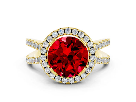 Yellow gold Round Cut Ruby Halo Ring with Split Shank Pavé Band and Prong Setting