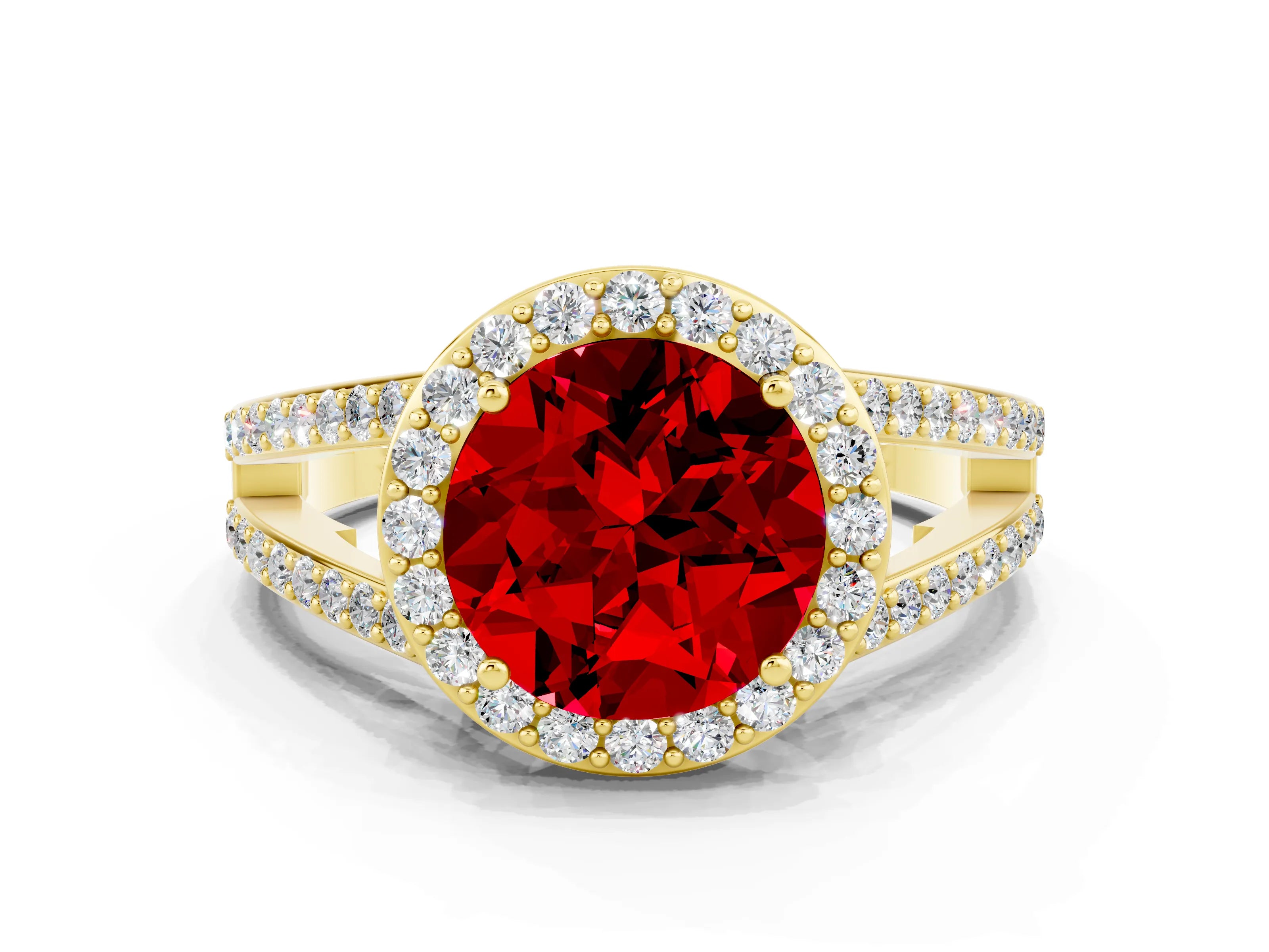 Yellow gold Round Cut Ruby Halo Ring with Split Shank U-Prong Band and Four-Prong Setting