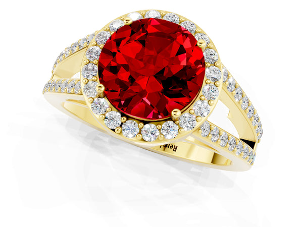 Yellow gold Round Cut Ruby Halo Ring with Split Shank U-Prong Band and Four-Prong Setting