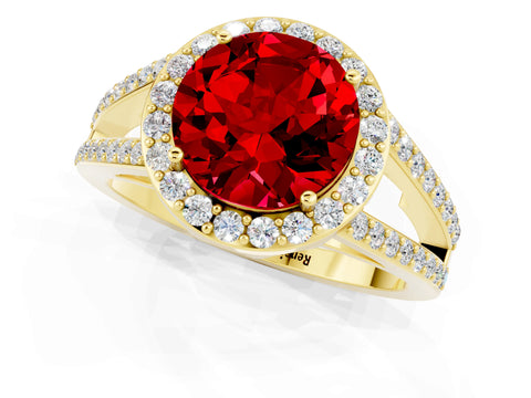 Yellow gold Round Cut Ruby Halo Ring with Split Shank U-Prong Band and Four-Prong Setting_1