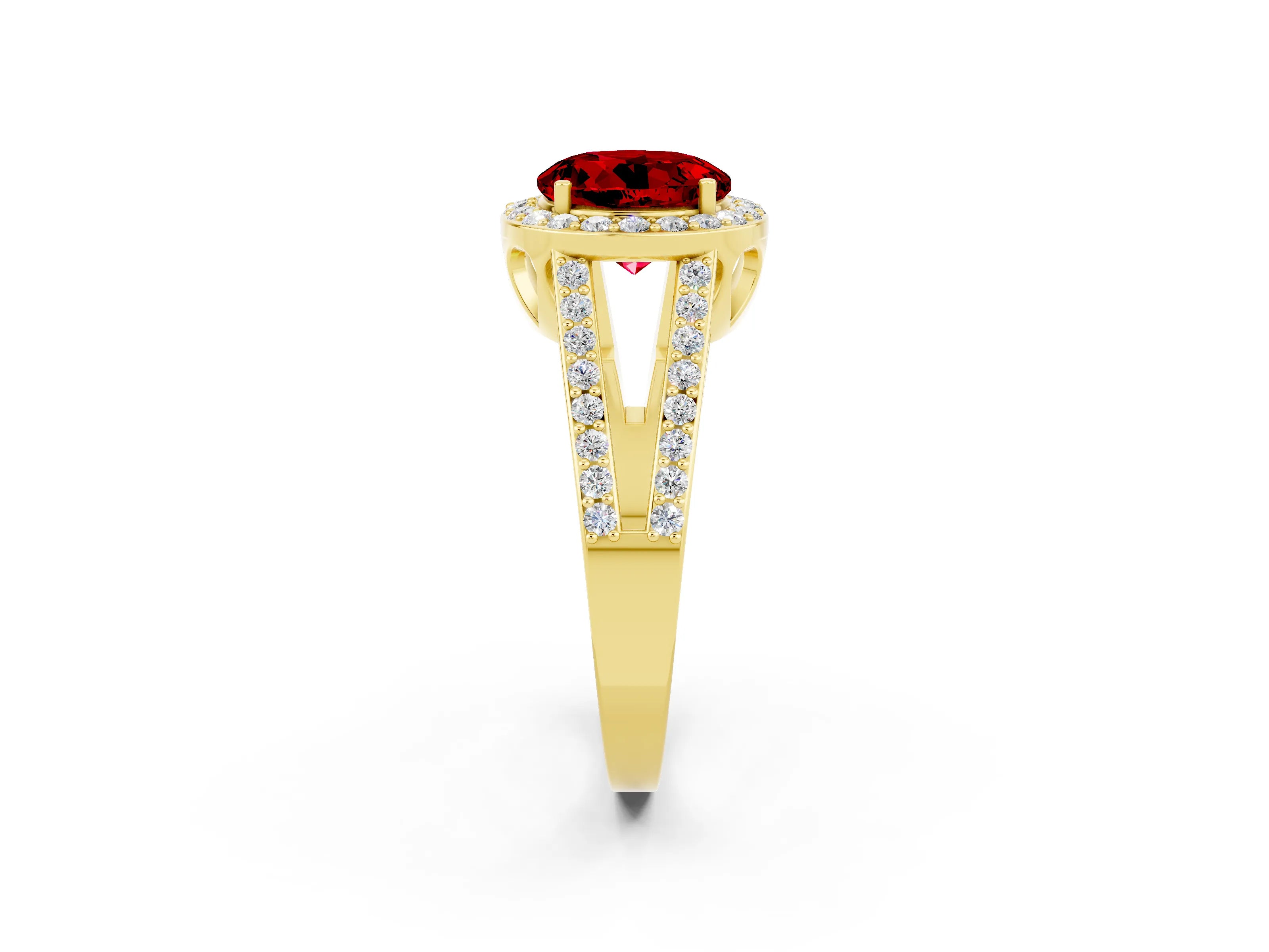 Yellow gold Round Cut Ruby Halo Ring with Split Shank U-Prong Band and Four-Prong Setting_2