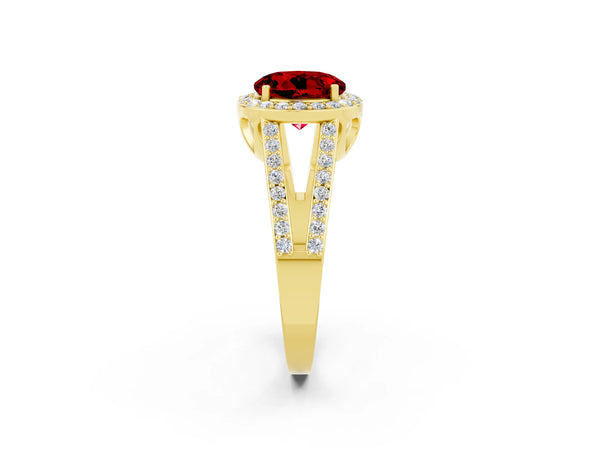 Yellow gold Round Cut Ruby Halo Ring with Split Shank U-Prong Band and Four-Prong Setting