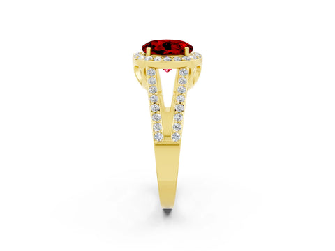 Yellow gold Round Cut Ruby Halo Ring with Split Shank U-Prong Band and Four-Prong Setting_2