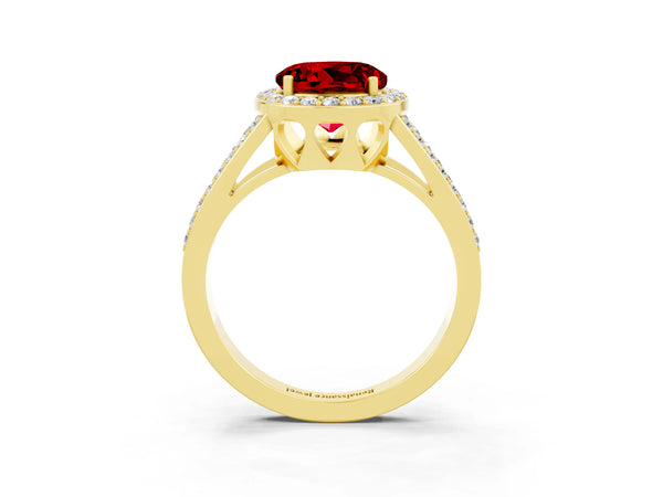 Yellow gold Round Cut Ruby Halo Ring with Split Shank U-Prong Band and Four-Prong Setting