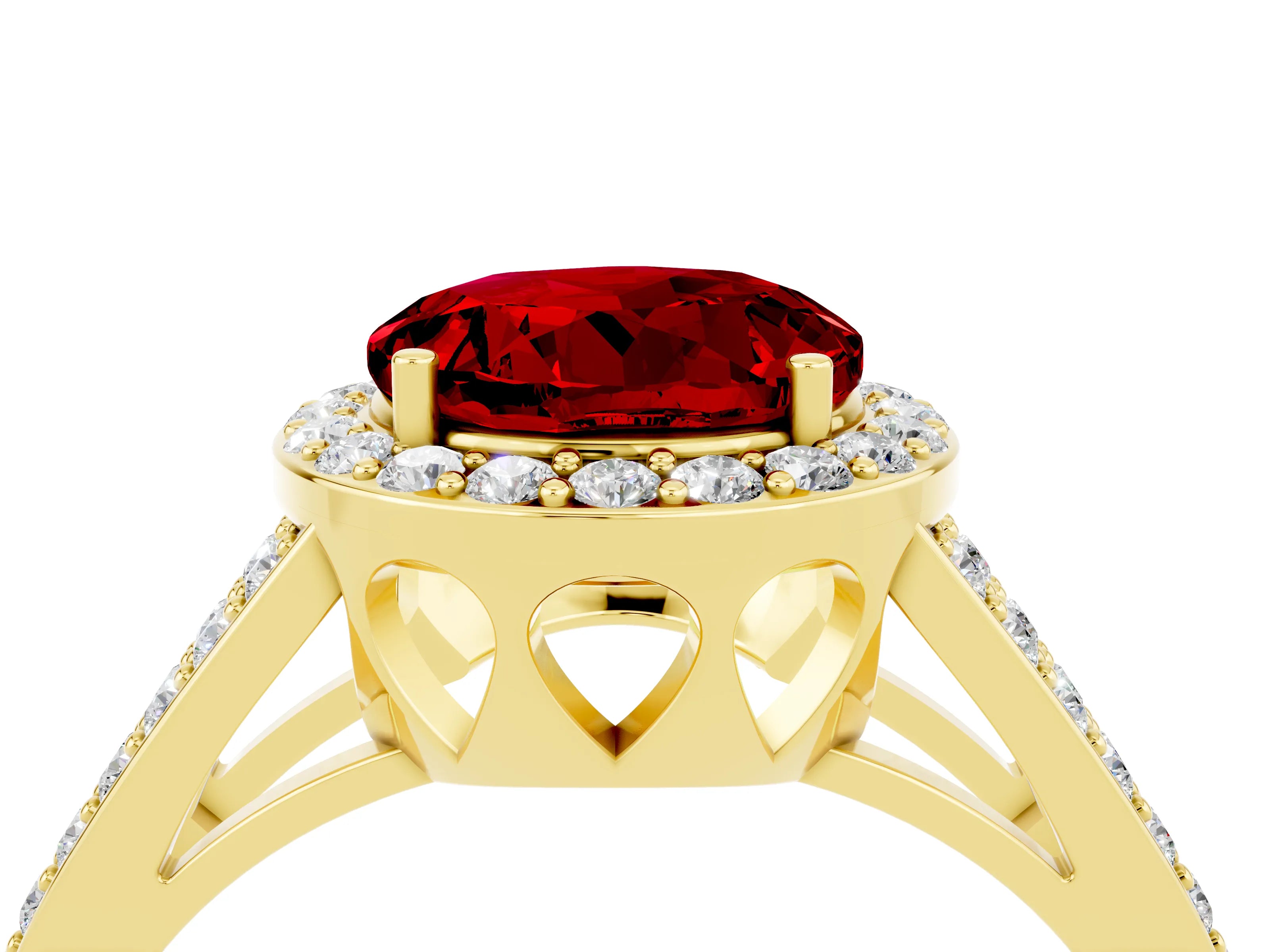 Yellow gold Round Cut Ruby Halo Ring with Split Shank U-Prong Band and Four-Prong Setting_4