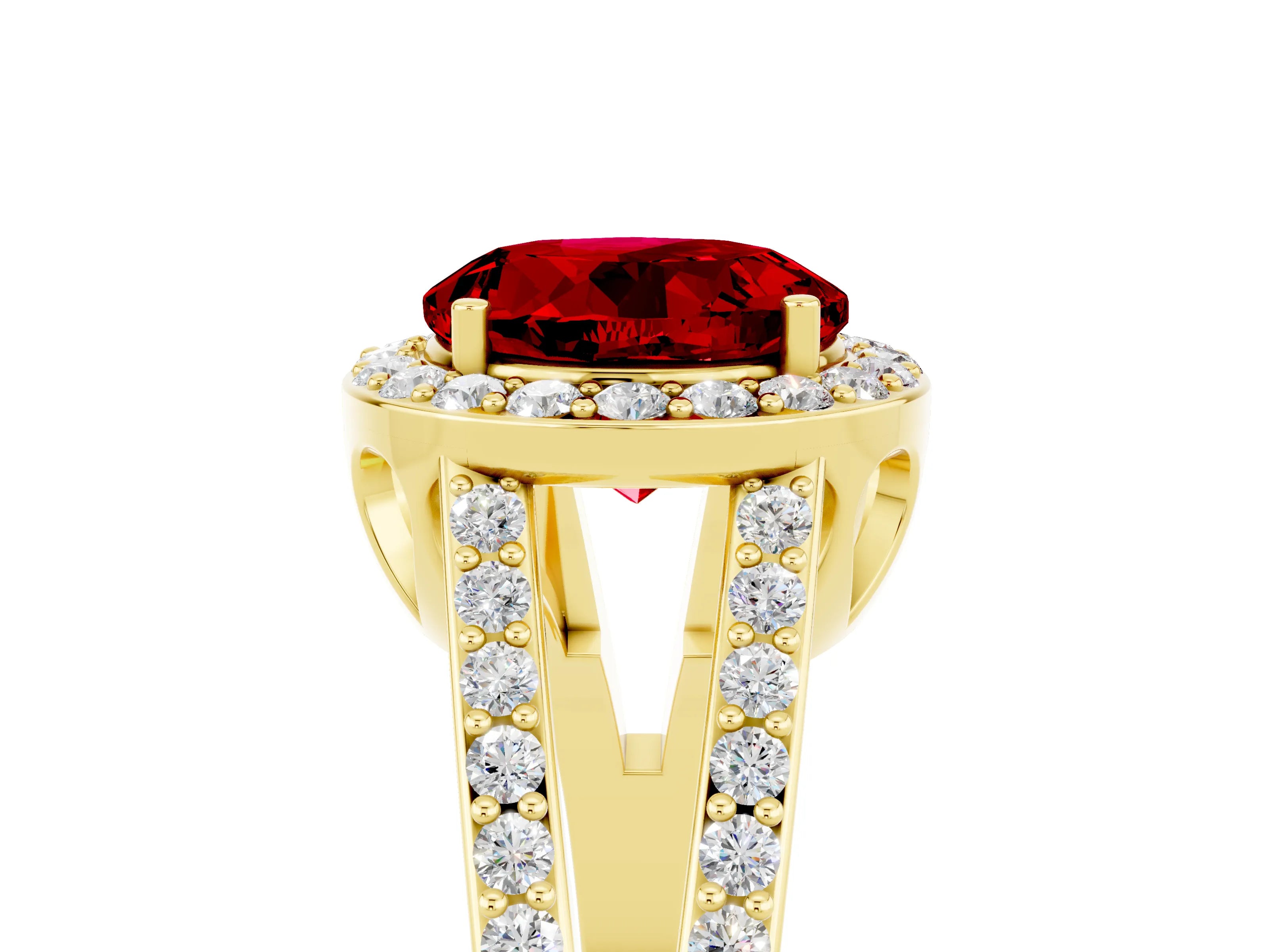 Yellow gold Round Cut Ruby Halo Ring with Split Shank U-Prong Band and Four-Prong Setting_5