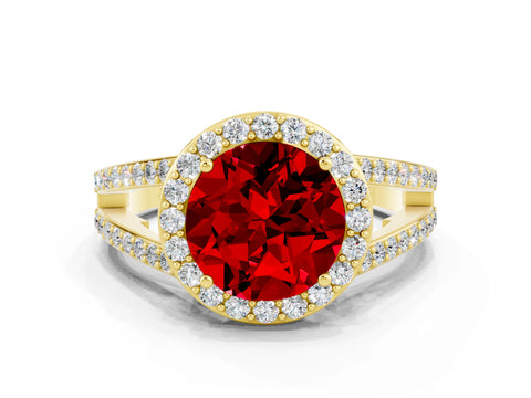 Yellow gold Round Cut Ruby Halo Ring with Split Shank U-Prong Band and Four-Prong Setting