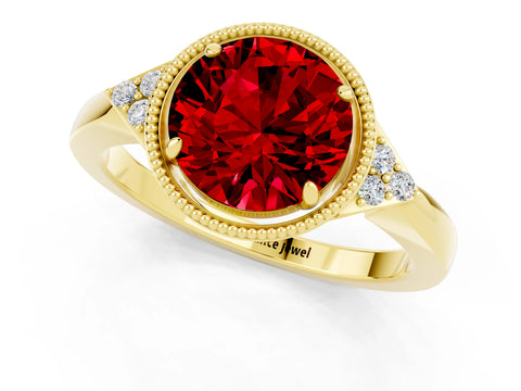 Yellow gold Round Cut Ruby Halo Ring with Tapered Band and Four-Prong Setting_1