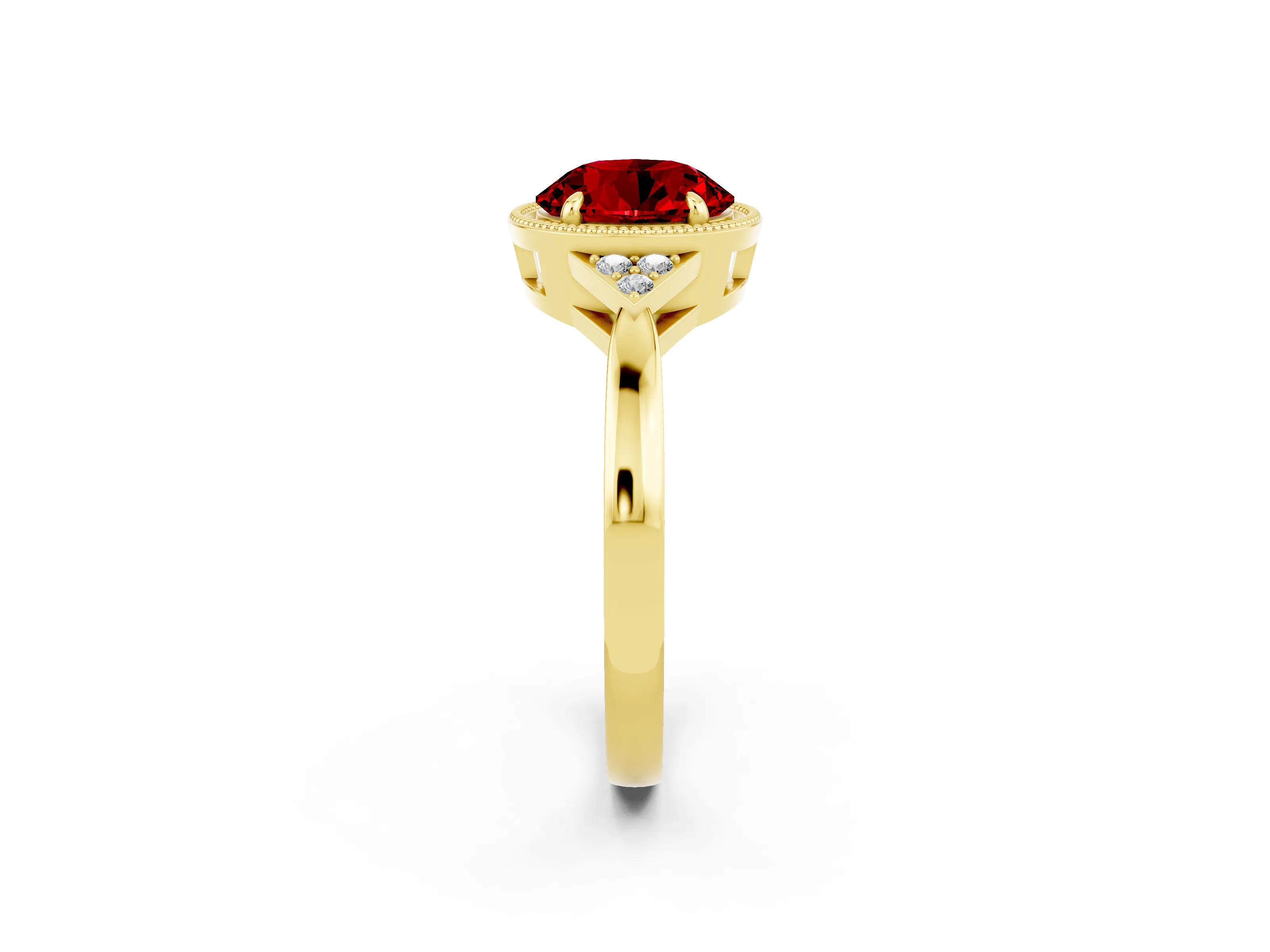 Yellow gold Round Cut Ruby Halo Ring with Tapered Band and Four-Prong Setting_2