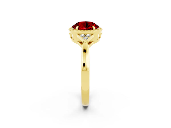 Yellow gold Round Cut Ruby Halo Ring with Tapered Band and Four-Prong Setting