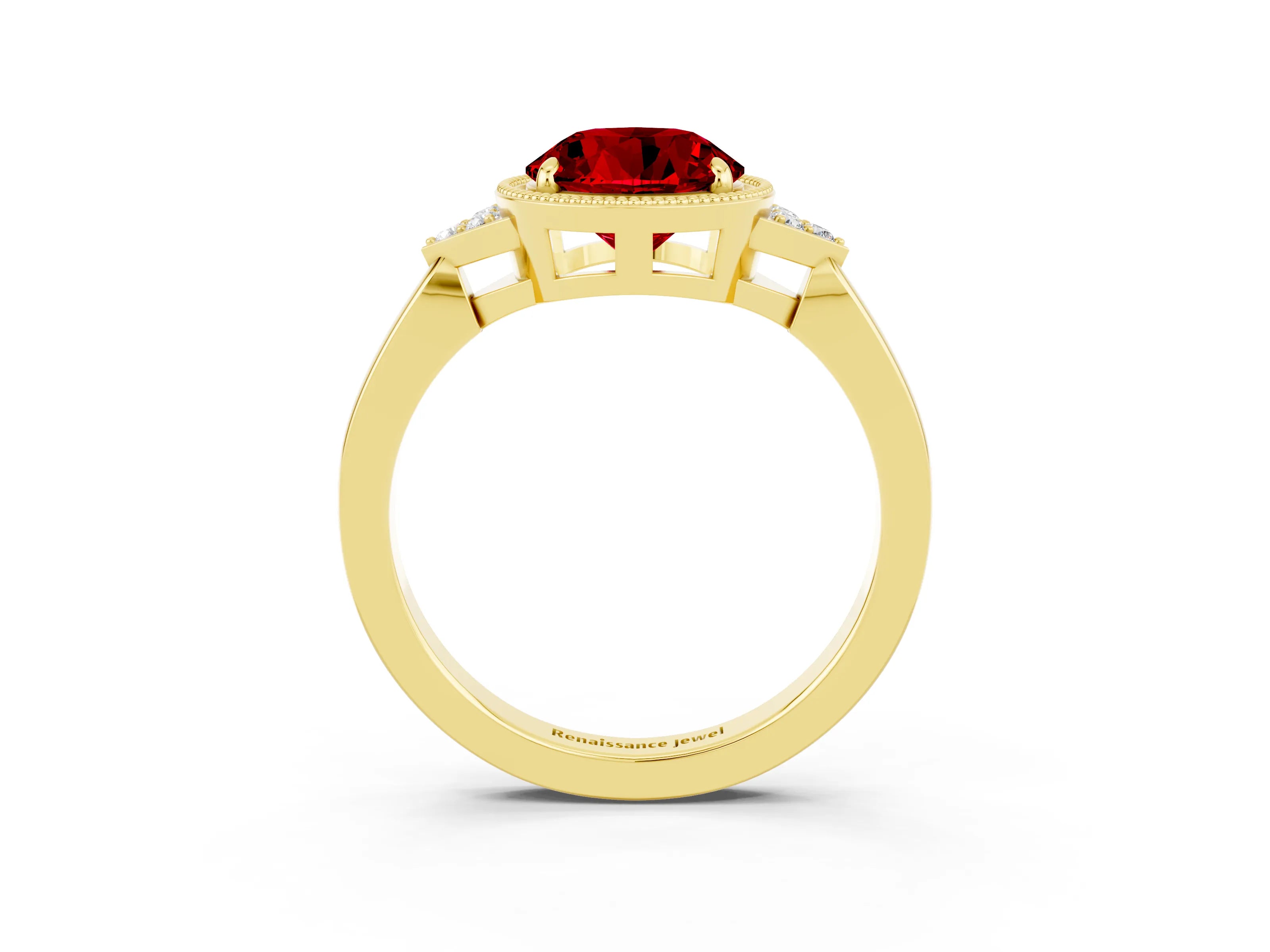 Yellow gold Round Cut Ruby Halo Ring with Tapered Band and Four-Prong Setting_3