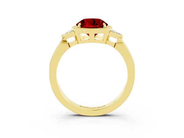 Yellow gold Round Cut Ruby Halo Ring with Tapered Band and Four-Prong Setting