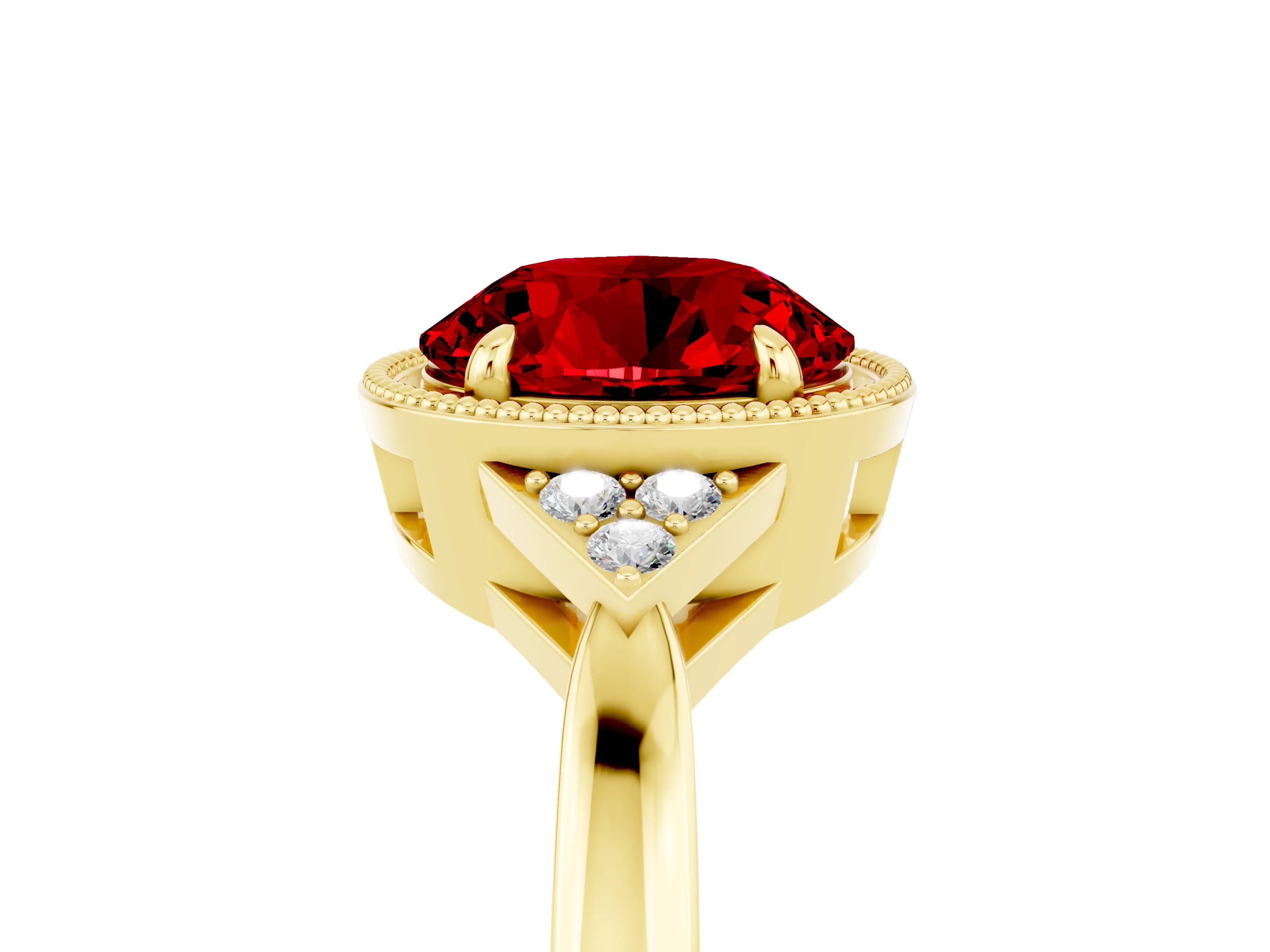 Yellow gold Round Cut Ruby Halo Ring with Tapered Band and Four-Prong Setting_5