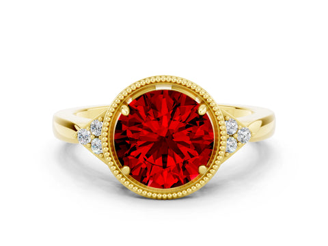 Yellow gold Round Cut Ruby Halo Ring with Tapered Band and Four-Prong Setting